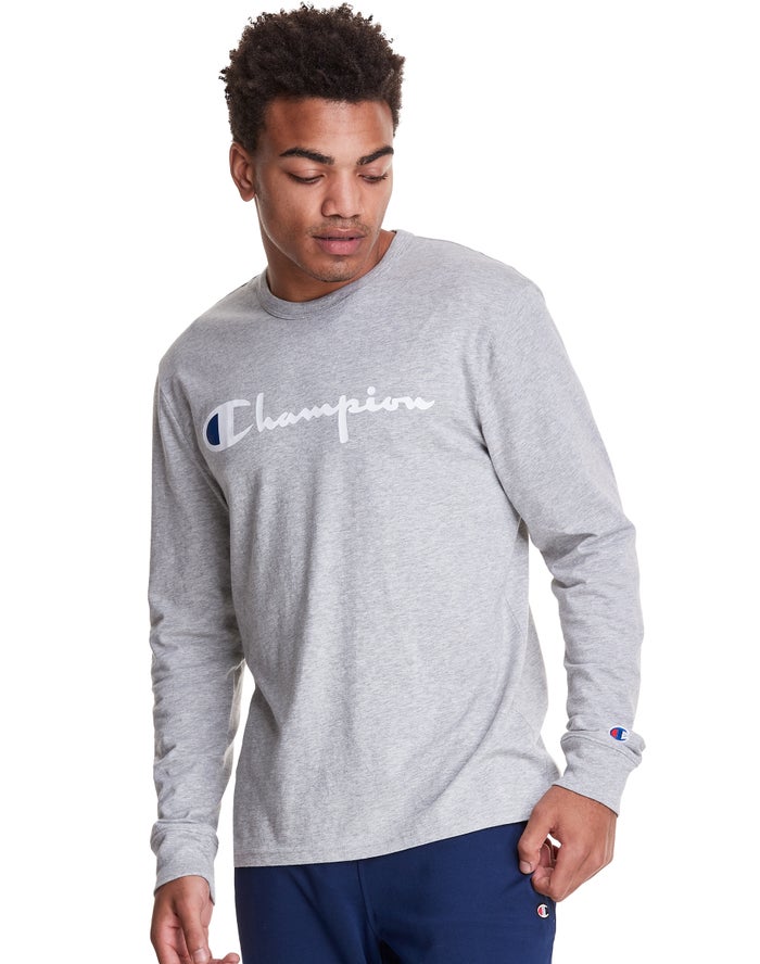 Champion Long-Sleeve Lightweight Script Logo Erkek Tişört Gri ( LPUASK821 )